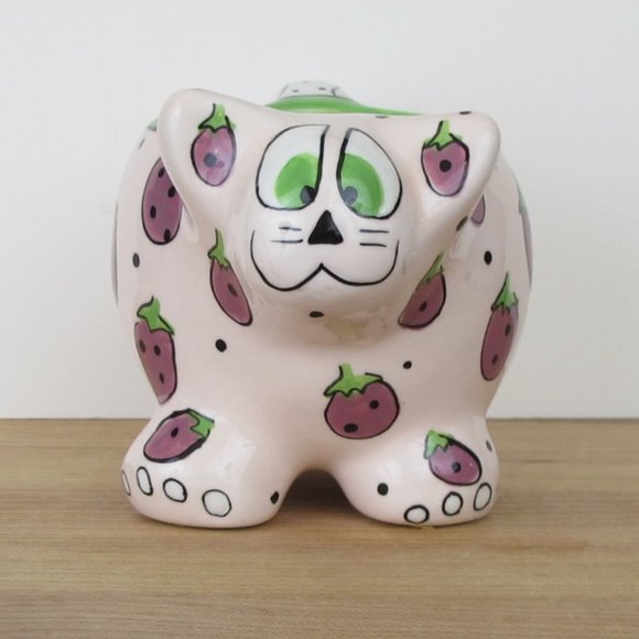 Pink Cat Bella Casa Ganz Strawberry Design Mug Planter Signed Pati A6 - Picture 1 of 6